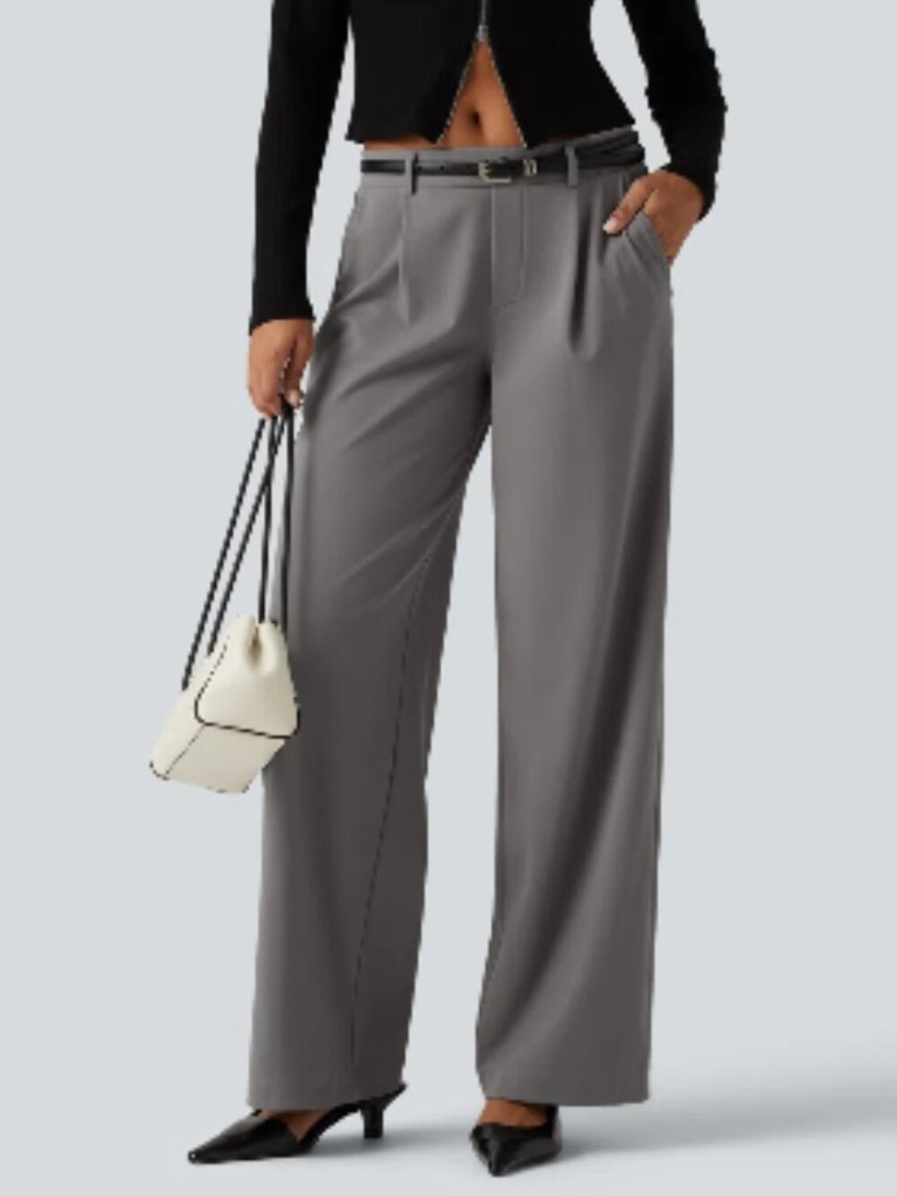 Halara Flex High Waisted Wide Leg Pleated Work Pants Gray Charcoal Size L
